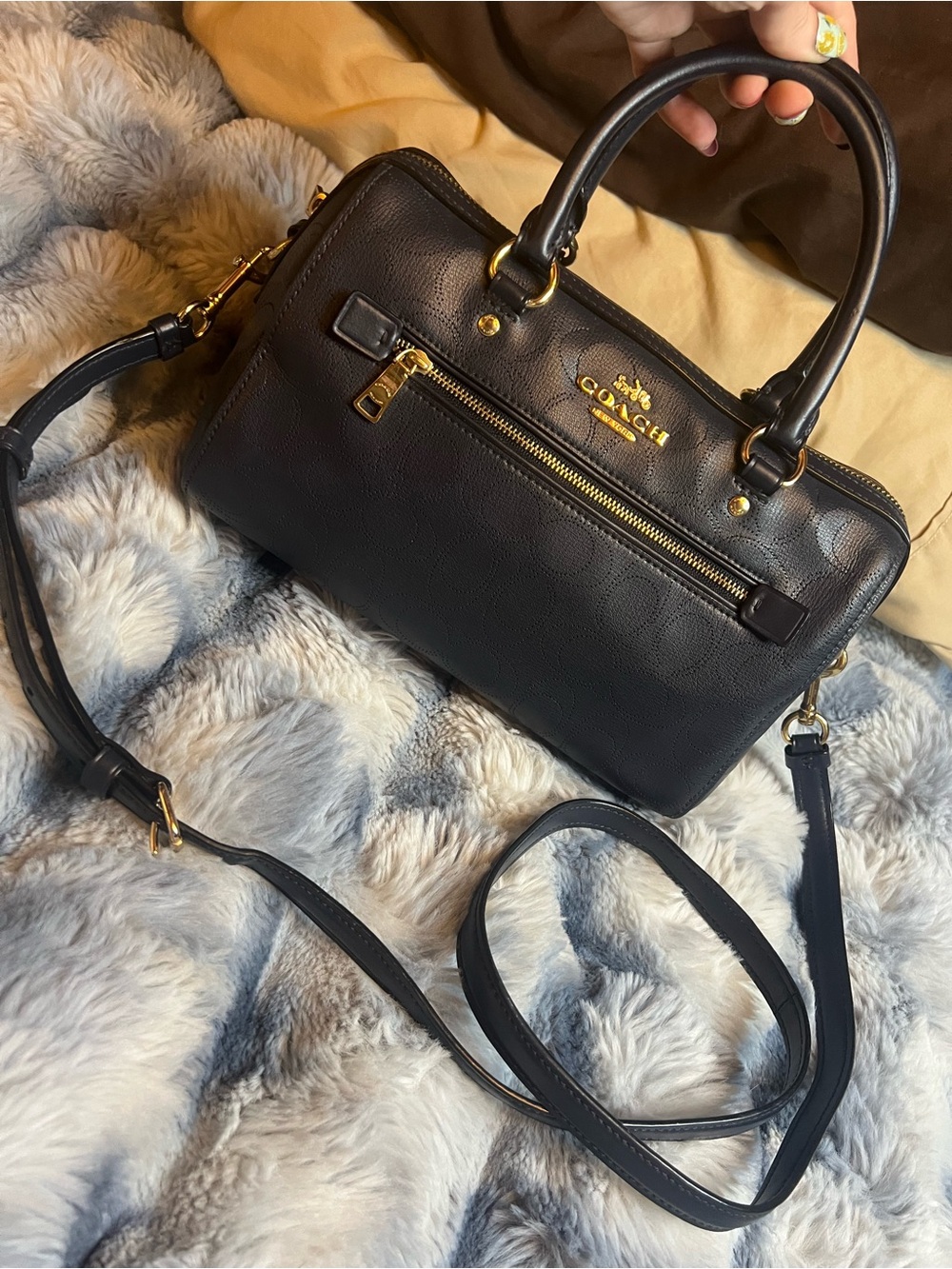 Coach Med Navy Blue C-Embossed Leather Rowan Satchel (MSRP: $398)